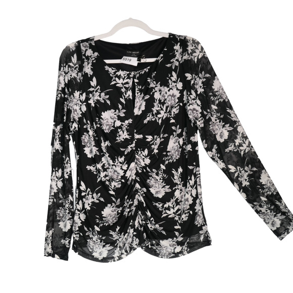 Lane Bryant Blouse Women Size 14 16 Black White Mesh Overlay Ruched Stretch Boho - Picture 1 of 7